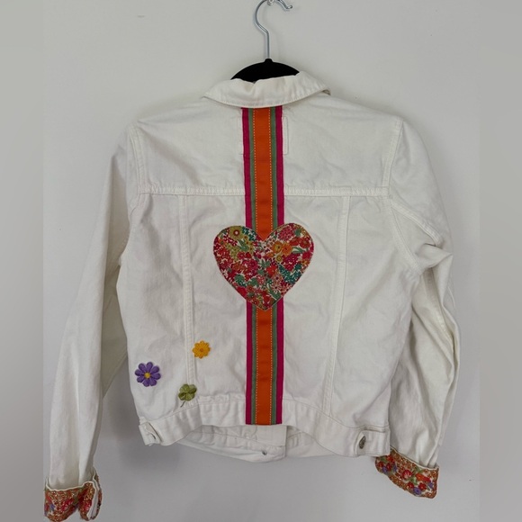 Collusion Denim Jacket Womens White Jean Embroidered Colorful OOAK Size 6 - Picture 2 of 9